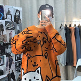 Men Sweater Harajuku Print Cartoon Cat Pullovers Casual