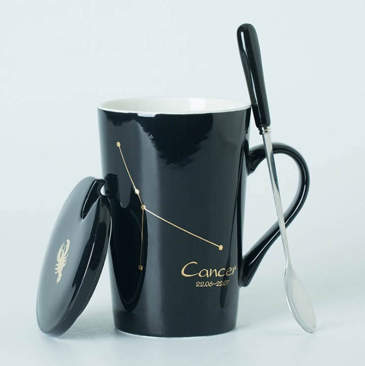 Ceramic Mugs Constellations Creative Glass with Spoon Lid Black and Gold Porcelain