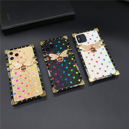 Luxury Square Case for iPhone  Fashion Heart Glitter Bee Cover Phone