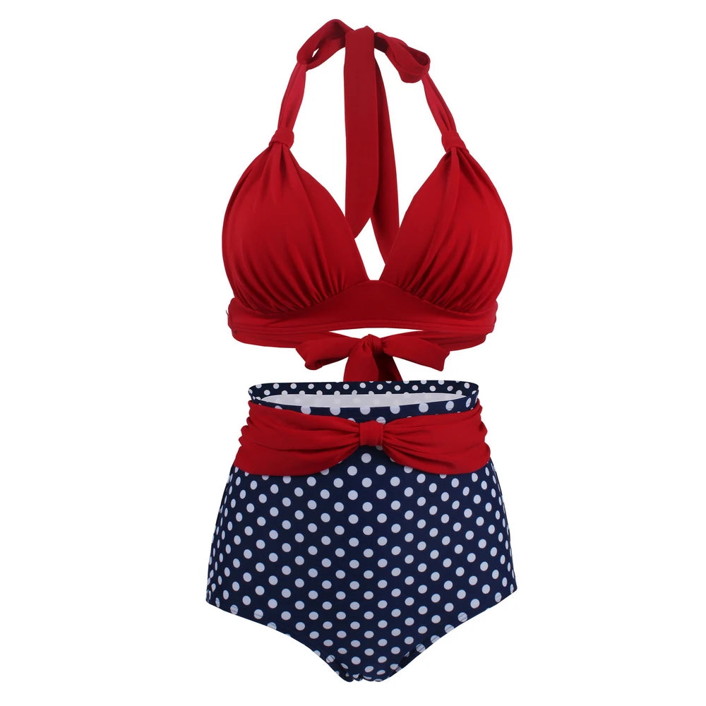 Rotes Oberteil, marineblaues Bikini-Set mit Punkten und hoher Taille