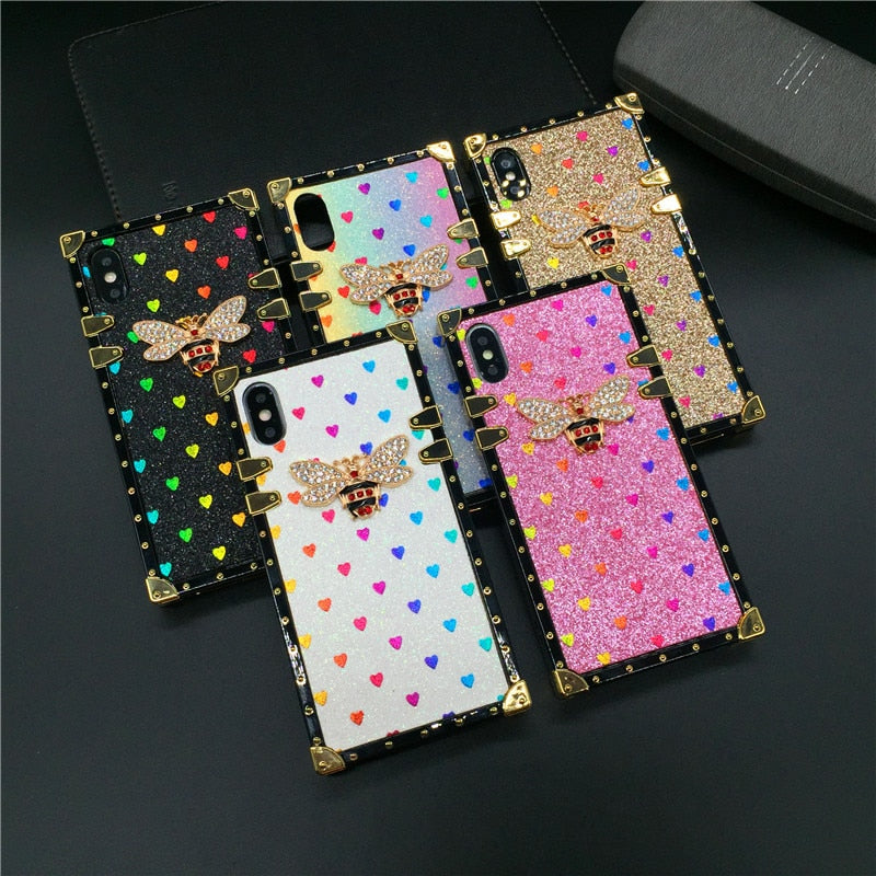 Luxury Square Case for iPhone  Fashion Heart Glitter Bee Cover Phone