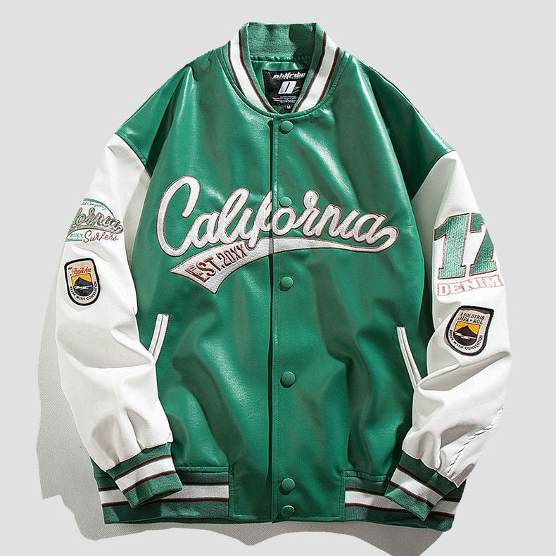 American Retro Letter Print Leather Baseball Jacket Men Streetwear