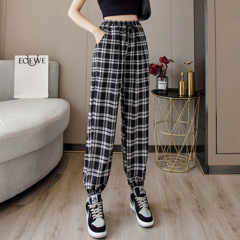 Hosen Frauen Neue Haufen Füße Mode Lose Schwarz Plaid Sommer Harajuku