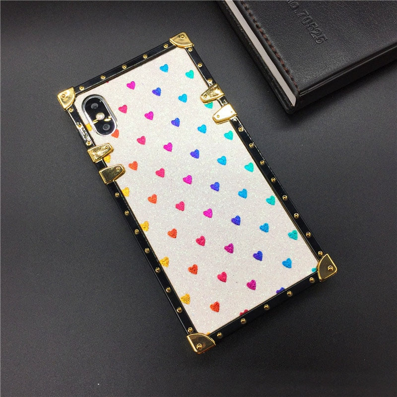 Luxury Square Case for iPhone  Fashion Heart Glitter Bee Cover Phone