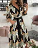 Lace Up Midi Dress Sleeve A-line Patchwork Dresses For Women Summer Lady V-neck Tunic - xinnzy