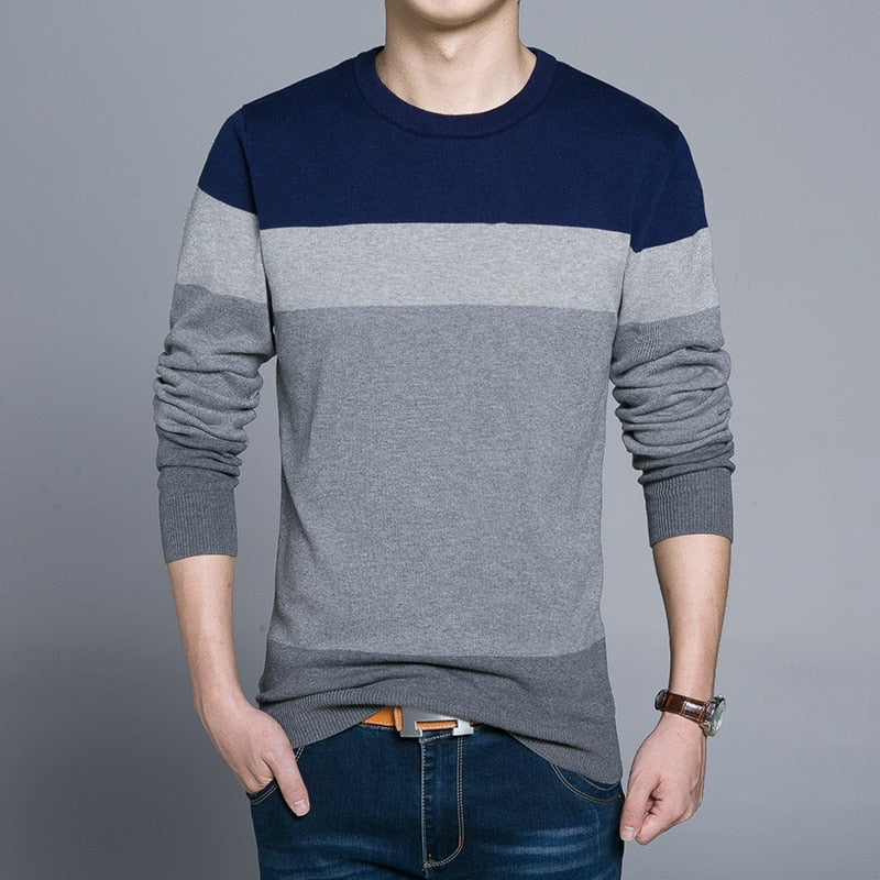 Sweater Pullover Striped Knitted Men Korean Casual Plain Jumper Clothes - xinnzy