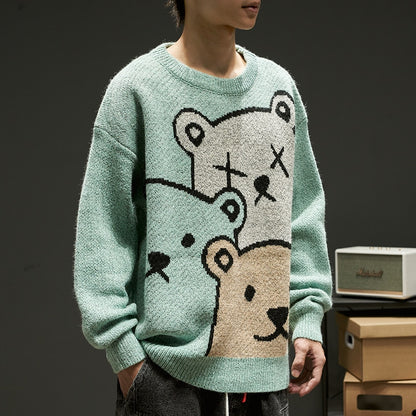 Herren Winter Cartoon Bär Pullover Gemütlicher Strickpullover mit langen Ärmeln