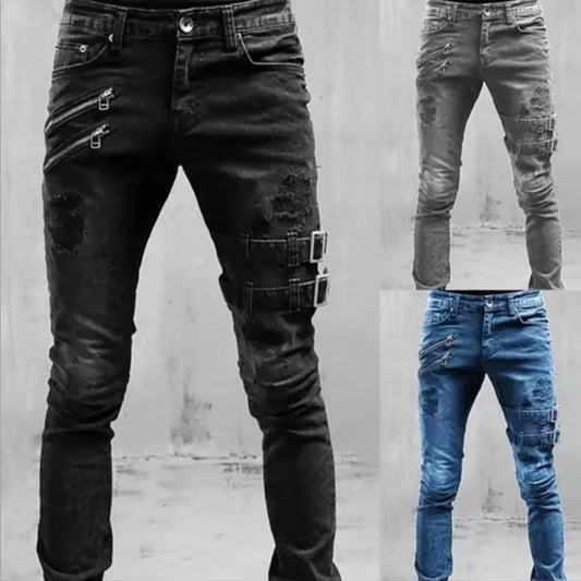 Motorcycle Street Wear Skinny Casual Denim Pants Jeans Straight Trousers