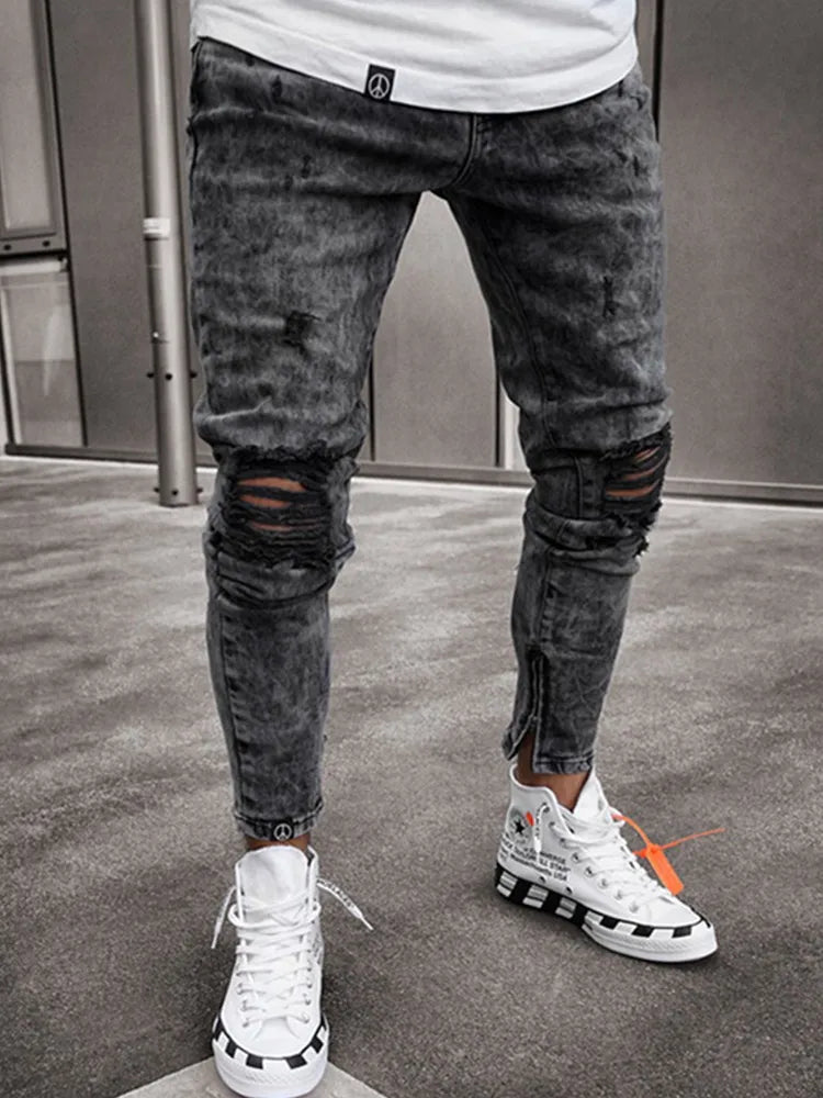 Distressed Stretch Ripped Biker Jeans Men Hip Hop Slim Fit