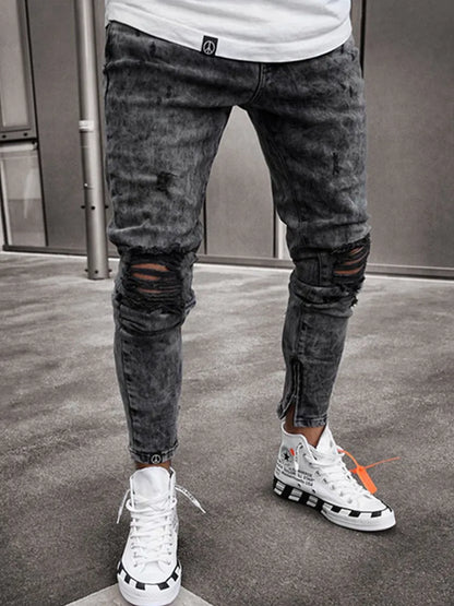 Distressed Stretch Ripped Biker Jeans Men Hip Hop Slim Fit