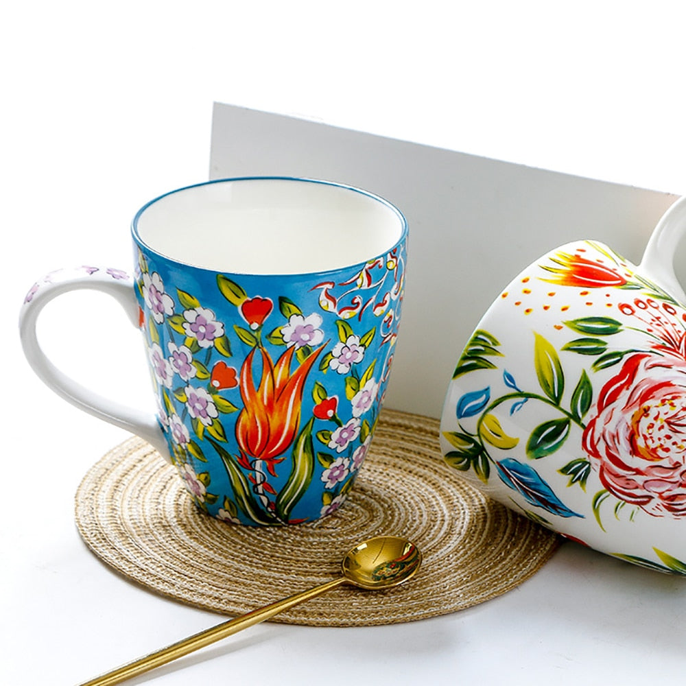 Mug Hand-painted Ceramic Cups  Large Capacity Flower Pattern