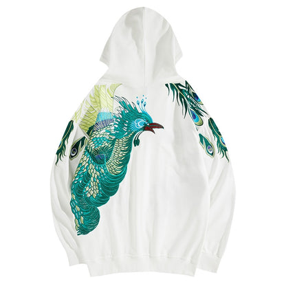 Men Hoodies Embriodery Loose Animal Peacock Casual