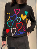 Elevate Your Spring Style: Women's O-Neck Sweater with Colorful Heart Embroidery