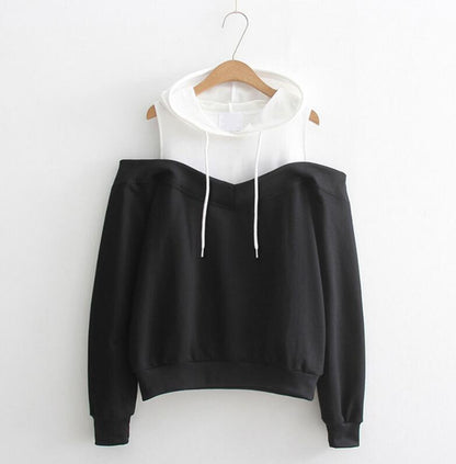 Sweatshirt women fashion Strapless shoulder fake two-piece hooded