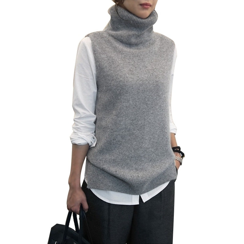 FRSEUCAG knitted high neck vest loose comfortable cashmere sweater sleeveless - xinnzy