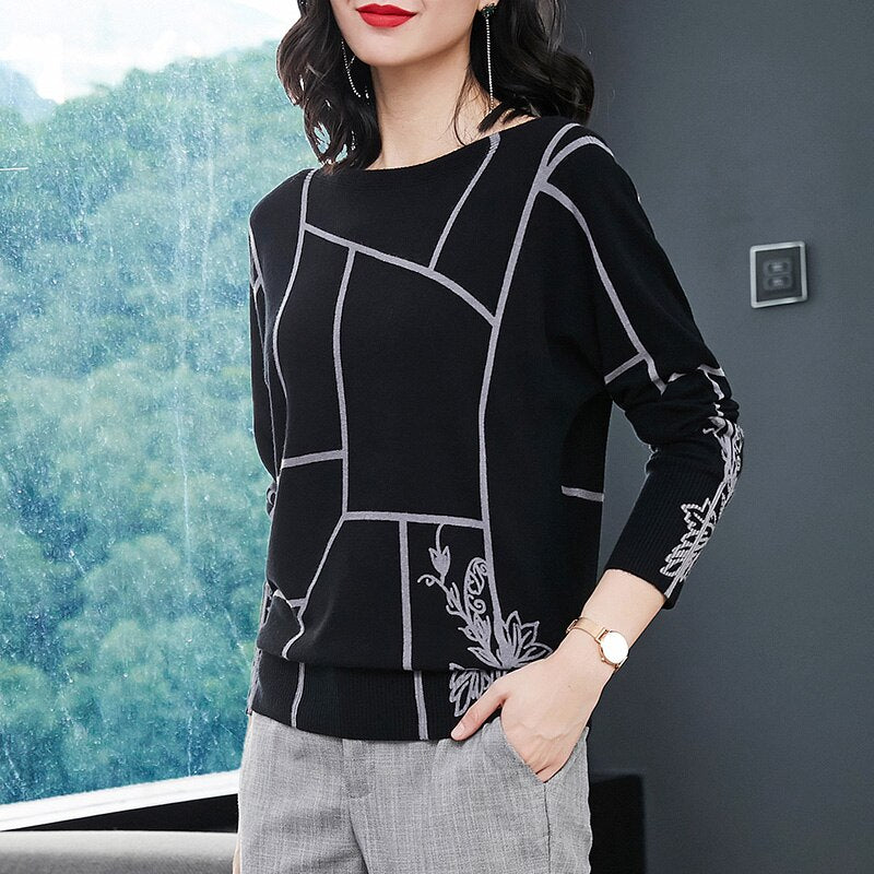 YISU Fashion  Geometry Print Sweater Long Sleeve Jumpers Knitwear Autumn winter Pullovers - xinnzy