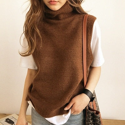 FRSEUCAG knitted high neck vest loose comfortable cashmere sweater sleeveless - xinnzy