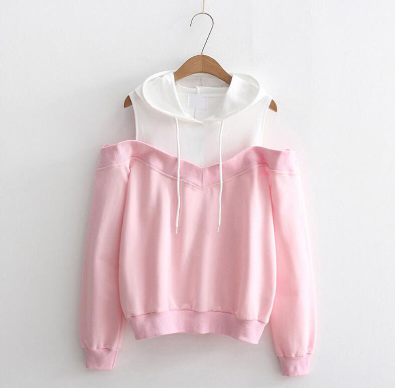 Sweatshirt women fashion Strapless shoulder fake two-piece hooded