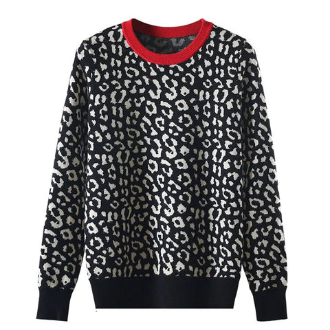 Leopard Knit Sweaters for Women Autumn Winter Pullovers with Long Sleeves