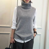FRSEUCAG knitted high neck vest loose comfortable cashmere sweater sleeveless - xinnzy