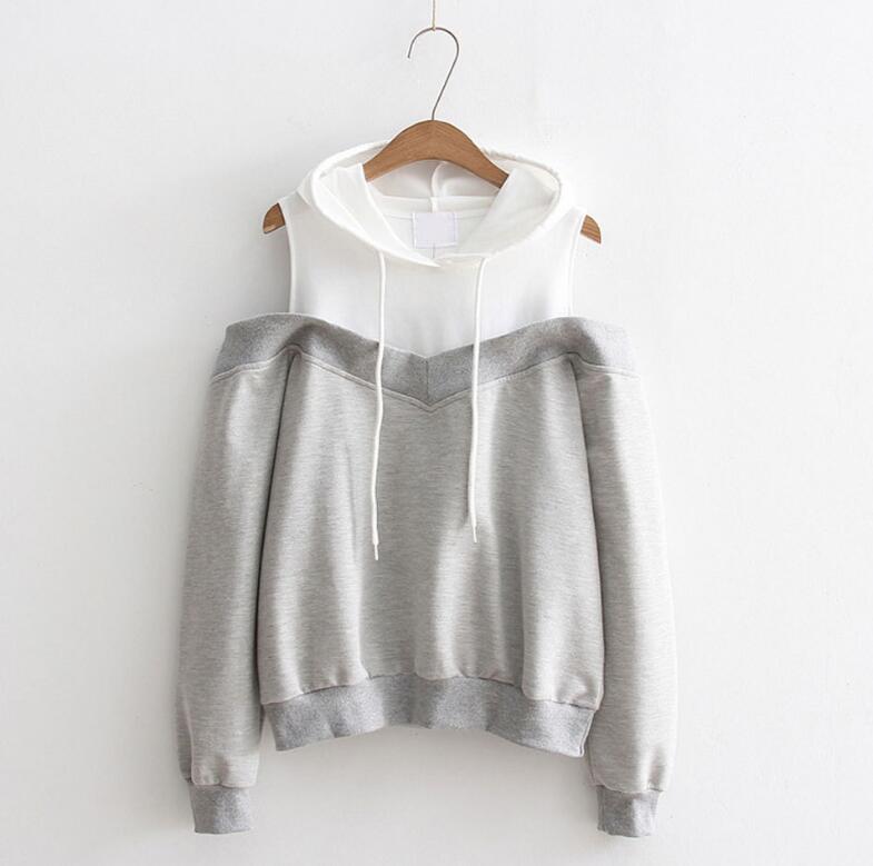 Sweatshirt women fashion Strapless shoulder fake two-piece hooded