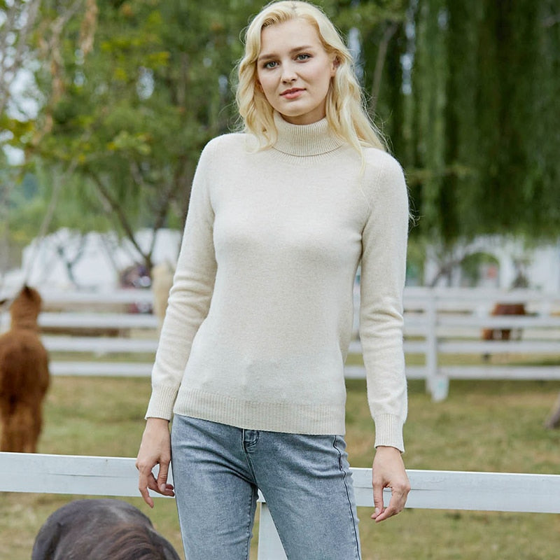 Turtleneck Sweater Pure Merino Wool Autumn Winter Warm Soft Knitted Pullover Female Jumper Tops - xinnzy