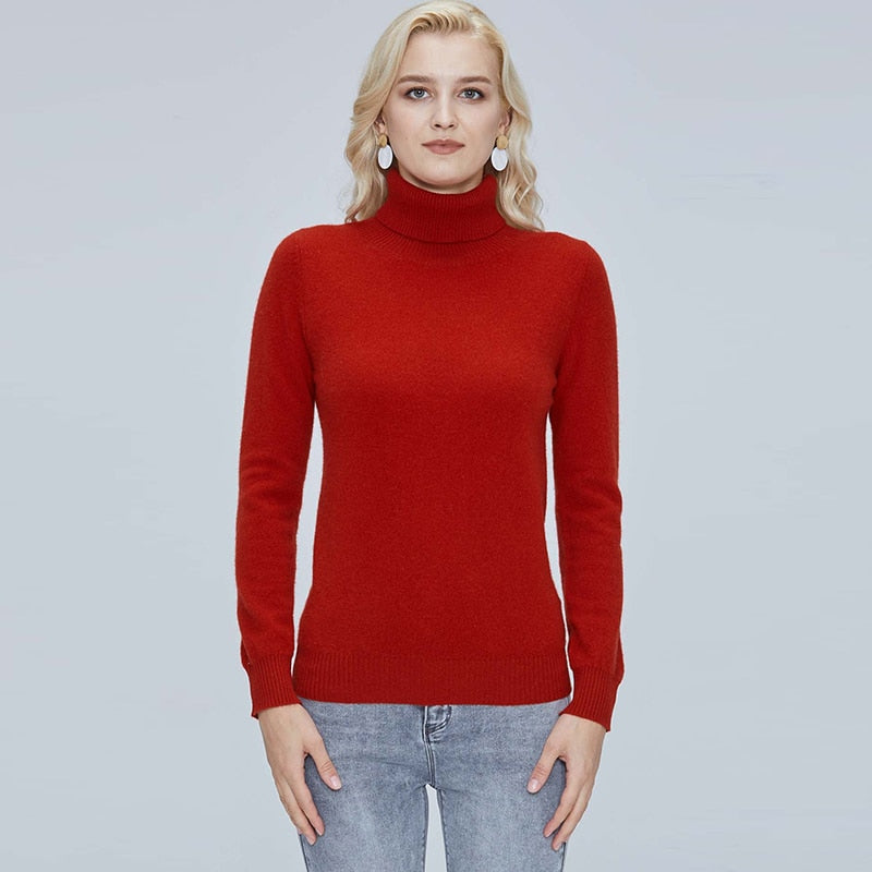 Turtleneck Sweater Pure Merino Wool Autumn Winter Warm Soft Knitted Pullover Female Jumper Tops - xinnzy