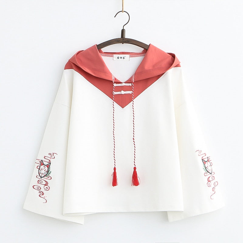 New Vintage Women Hoodies Japanese Harajuku Embroidery Cotton Korean Style Pullover Top