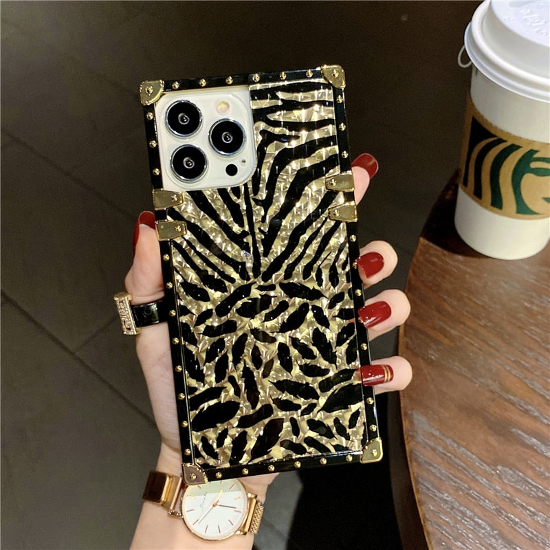 Leopard feather diamond ring stand metal  case for iphone