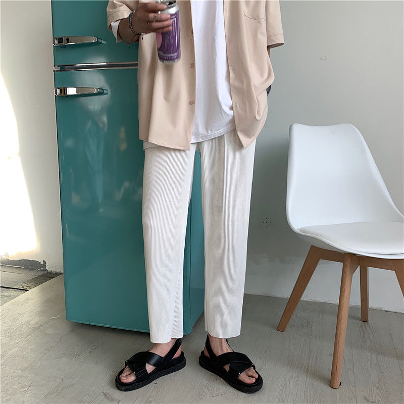 Pleated Straight Pants Men Fashion Elastic Waist Casual Streetwear