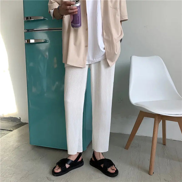 Mens Pleated Wide Leg Pants Ice Silk Summer Straight Fit Streetwear