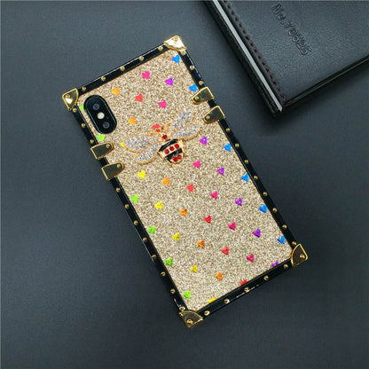 Luxury Square Case for iPhone  Fashion Heart Glitter Bee Cover Phone