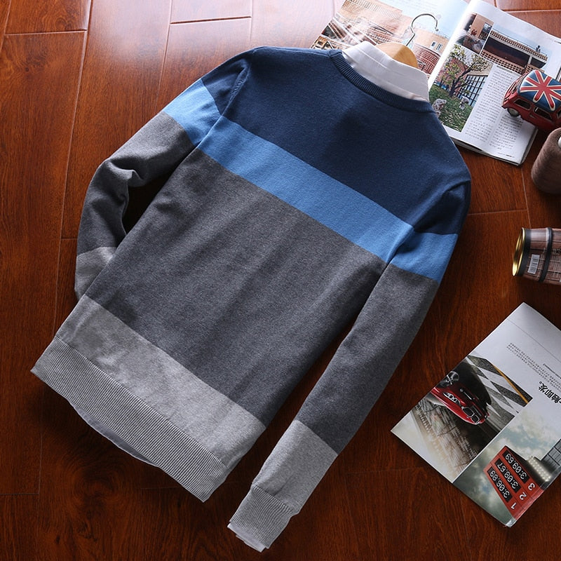 Sweater Pullover Striped Knitted Men Korean Casual Plain Jumper Clothes - xinnzy