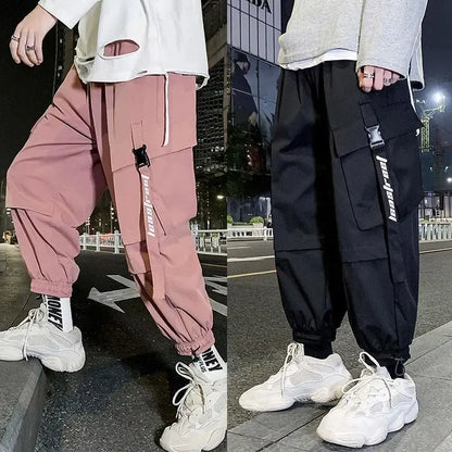 Pink Hip Hop Cargo Pants: Men Streetwear Sweatpants