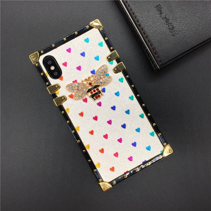 Luxury Square Case for iPhone  Fashion Heart Glitter Bee Cover Phone