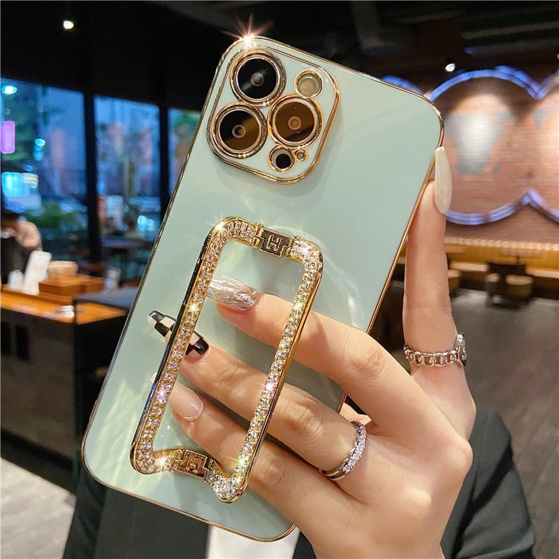 Korea Crystal Square Holder Gold Plating Phone Case For iphone