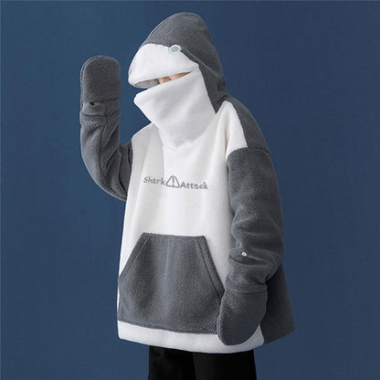 Hoodie Streetwear Women Loose Lambswool  Printed shark