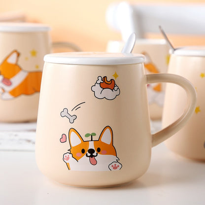 Cartoon Ceramics Corgi Mug With Lid and Spoon Coffee Milk Tea