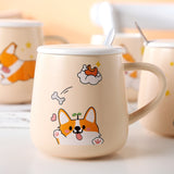 Cartoon-Keramik-Corgi-Tasse mit Deckel und Löffel für Kaffee, Milch, Tee