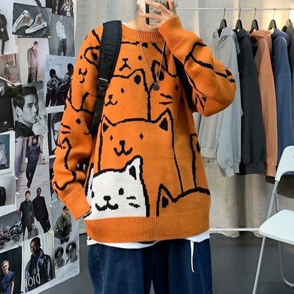 Men Sweater Harajuku Print Cartoon Cat Pullovers Casual