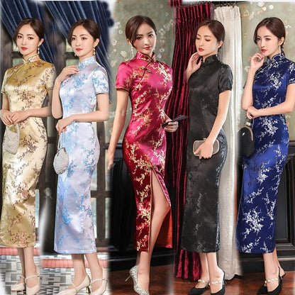 Elegant New Brocade Satin Long Fork Cheongsam Chinese Classic Qipao Short Sleeve Sexy