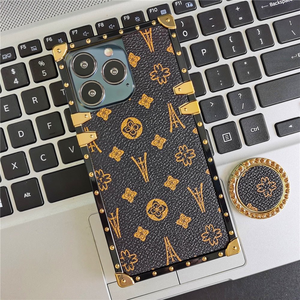 Square Soft Leather Flower Pattern Case For iPhone Luxury Glitter Phone