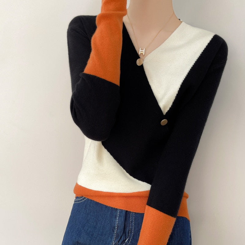 Women Cashmere Sweater Colorblock Casual Pullover  Knitwear Fashion Sweater - xinnzy