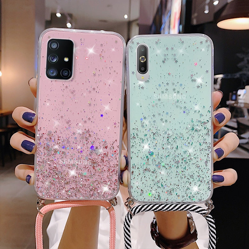 Neck Strap Clear Glitter Case For Samsung Galaxy