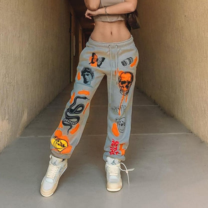 Cargohose für Damen, Hippie-Cartoon-bedruckte Hose, Jogger