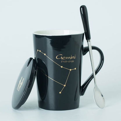 Ceramic Mugs Constellations Creative Glass with Spoon Lid Black and Gold Porcelain