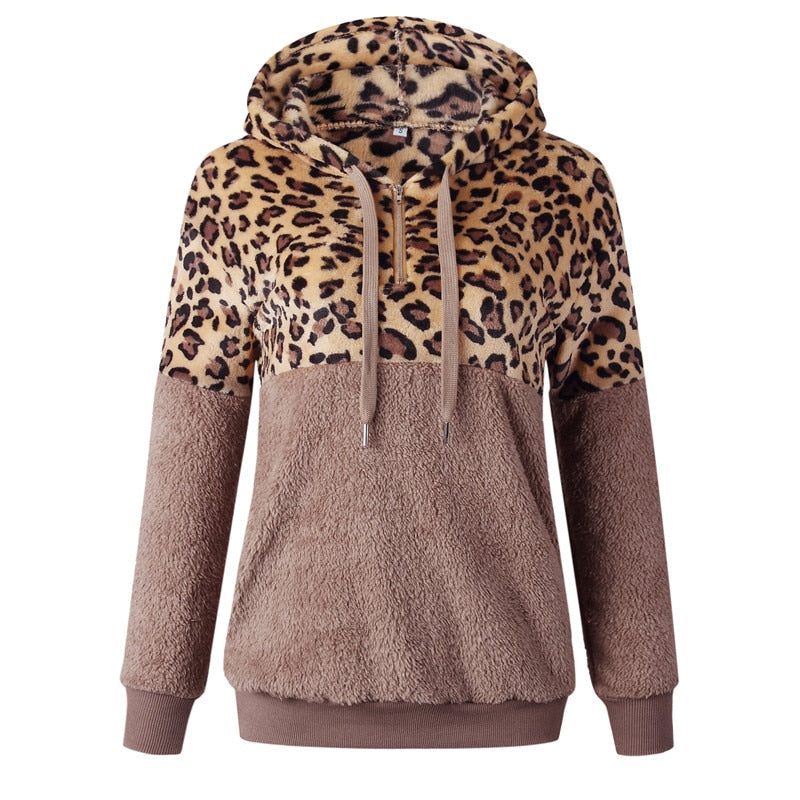 Women Hoodies Leopard Zipper Tops Long Sleeve