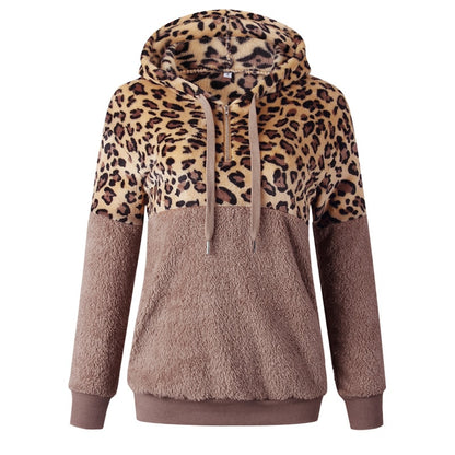 Women Hoodies Leopard Zipper Tops Long Sleeve