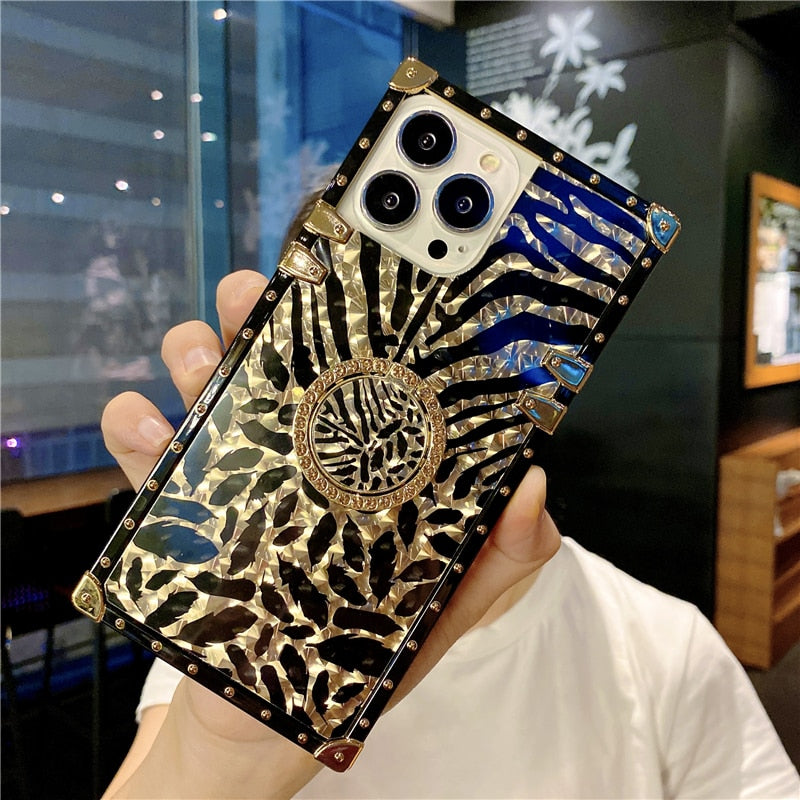 Leopard feather diamond ring stand metal  case for iphone