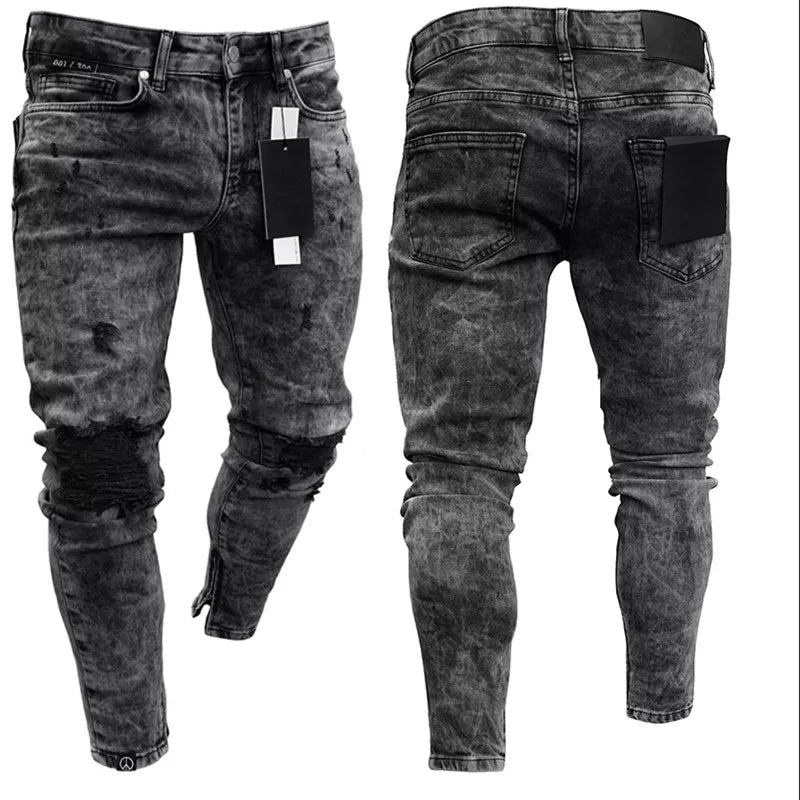 Distressed Stretch Ripped Biker Jeans Men Hip Hop Slim Fit